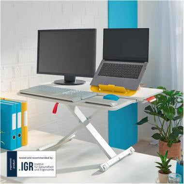 LEITZ Ergo Cosy Schreibtischaufsatz 65320085 mit Tastaturablage – Höhenverstellbarer Sitz-Steh-Arbeitsplatz, grau