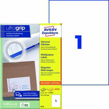AVERY ZWECKFORM Universaletikett 6119 210x297mm weiß 30 Blatt ultragrip