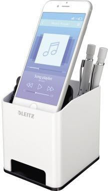 Leitz Stifteköcher WOW Duo Colour weiß/pink – mit Smartphone-Fach & Soundverstärkung