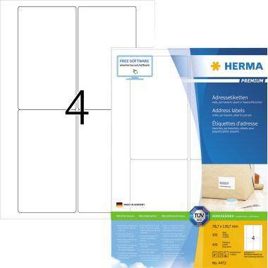 HERMA Universaletikett PREMIUM 4472, 78,7 x 139,7 mm, weiß, 400 Etiketten, A4, für Laserdrucker