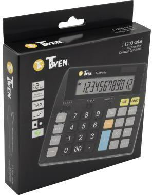 TWEN Tischrechner J-1200 Solar – 12-stelliges LCD-Display, Soft-Touch-Tastatur, Solar/Batterie