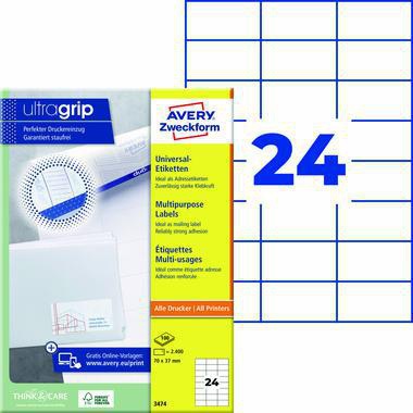 AVERY ZWECKFORM Universaletikett ultragrip 70 x 37 mm weiß, 2.400 Etiketten, FSC-zertifiziert