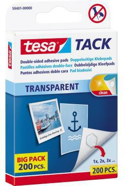 tesa Klebepad TACK Transparent 10x10 mm, 200 Stück, sechseckig, doppelseitig klebend, wieder ablösbar