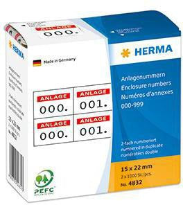 HERMA Nummernetikett 15 x 22 mm, weiß, rot bedruckt, Anlage/0-999, 1.000 Etiketten
