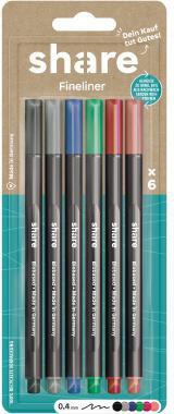 SHARE Fineliner Y-11-11-02 sortiert 6 Stück – 0,4 mm, 85 % nachwachsende Rohstoffe, 6 Farben