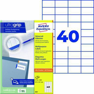 AVERY ZWECKFORM Universaletikett 3651 ultragrip 52,5x29,7 mm weiß 4.000 Stück