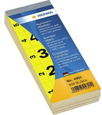HERMA Nummernblock 4891 – 500 Nummernetiketten 1-500, gelb, 28 x 56 mm, Made in Germany