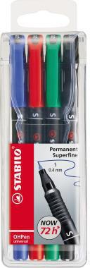 STABILO Folienstift OHPen universal 0,4 mm – 4er Set farbig sortiert, geruchsarme Tinte