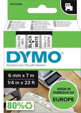 DYMO D1 Schriftbandkassette 6 mm x 7 m – Schwarz auf Weiß, UV-beständig, wieder ablösbar