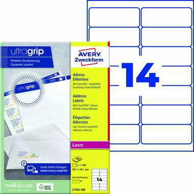 Avery Zweckform Adressetikett QuickPEEL L7163-100 – 1.400 Etiketten, ultragrip, A4, weiß
