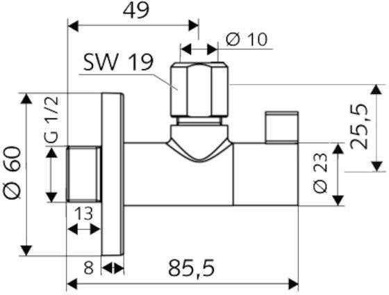SCHELL Design-Eckventil WING 1/2 Zoll chrom regulierbar – DIN 3227, mit Schubrosette