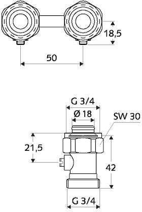 SCHELL Doppel-Anschlusshahn absperrbar 3/4 Zoll AG mattnickel für Ventilheizkörper