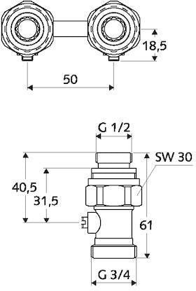 SCHELL Doppel-Anschlusshahn für Ventilheizkörper, absperrbar, Durchgang, G 1/2 IG, mattnickel