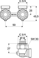 SCHELL Doppel-Anschlusshahn absperrbar Eck 3/4 Zoll AG mattnickel