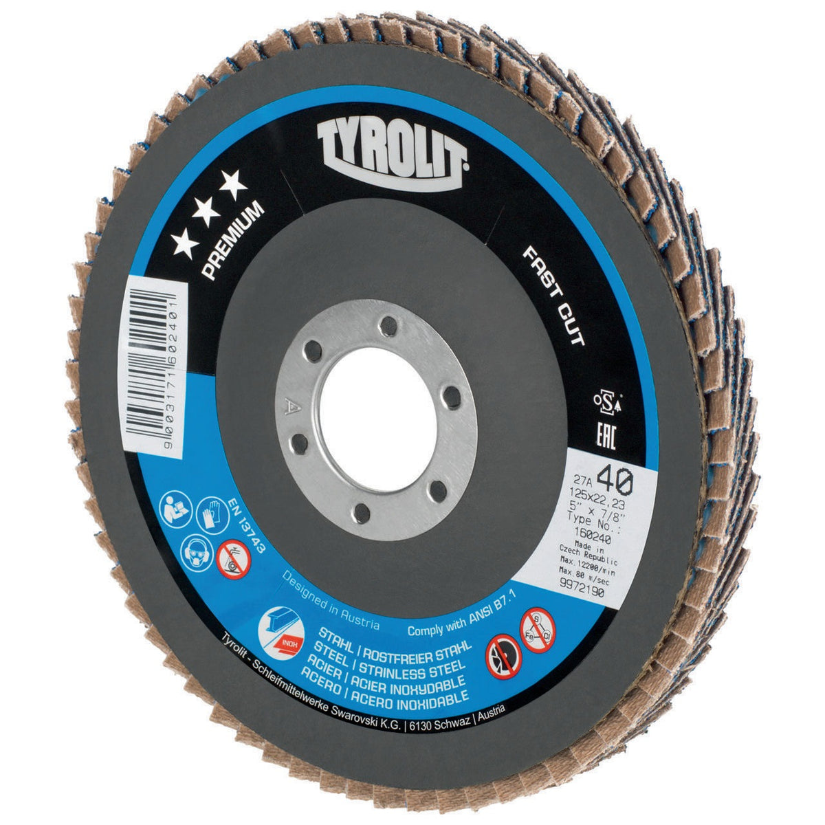TYROLIT Fächerscheibe PREMIUM FASTCUT Ø125 mm K40 Zirkonkorund für Stahl und Edelstahl