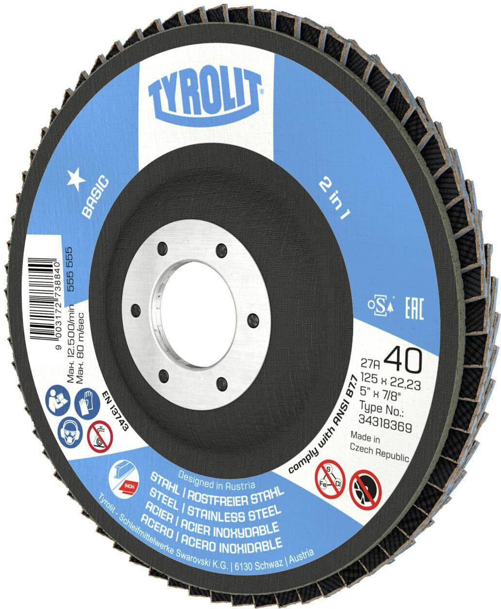 TYROLIT Fächerscheibe BASIC 125 mm K40 Zirkonkorund für Stahl und Edelstahl