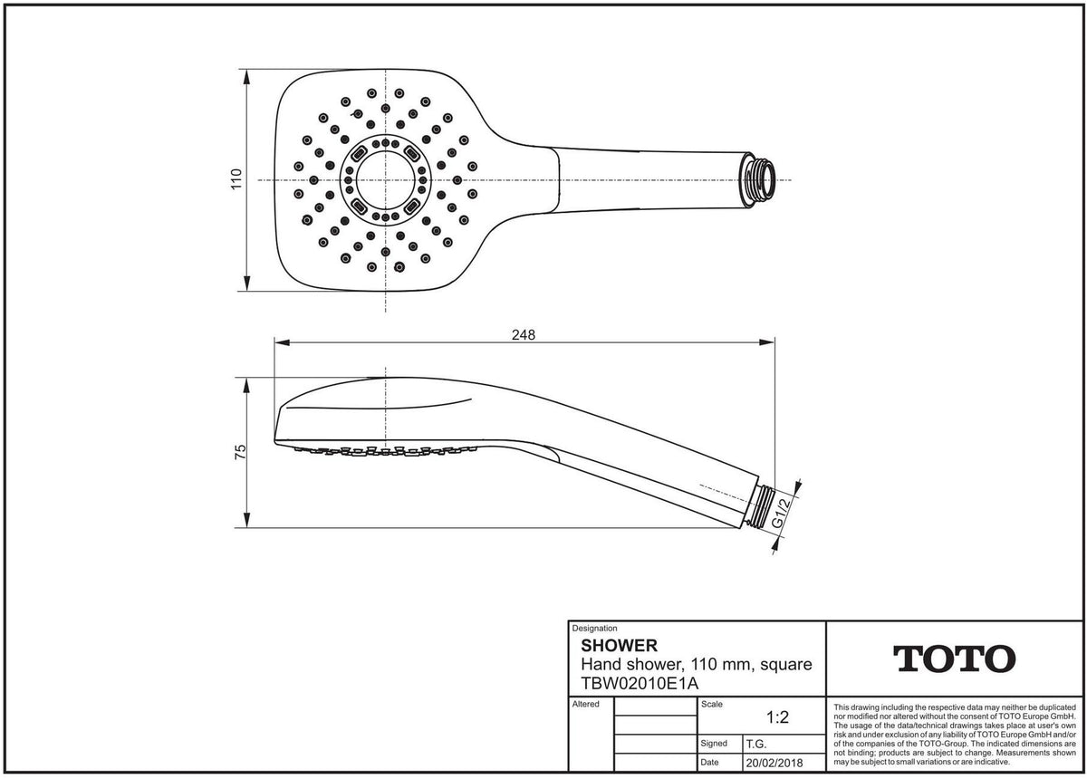 TOTO Handbrause 110 mm eckig weiß/chrom – wassersparend mit Antikalksystem