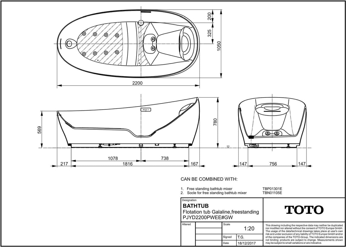 TOTO Floating Badewanne Galaline freistehend weiß – Zero Dimension & Hydrohands Massage