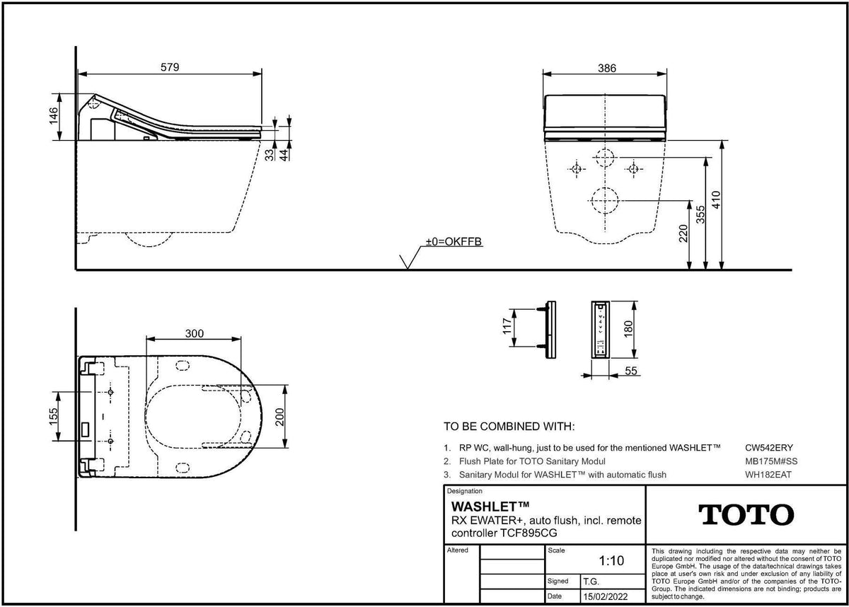 TOTO WASHLET RX EWATER+ Auto Flush Dusch-WC mit Entkalkungsfunktion und Fernbedienung