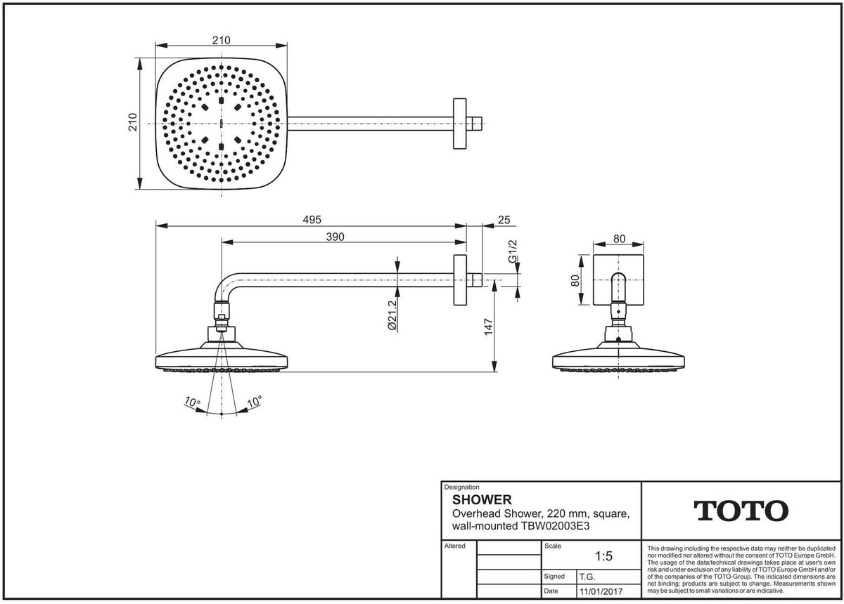 TOTO Kopfbrause eckig Comfort Wave weiß/chrom – 220 mm, 2 Strahlarten, Wandmontage
