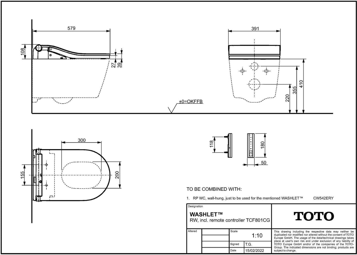TOTO WASHLET RW Dusch-WC mit Fernbedienung und EWATER+ Reinigungssystem in Weiß/Silber