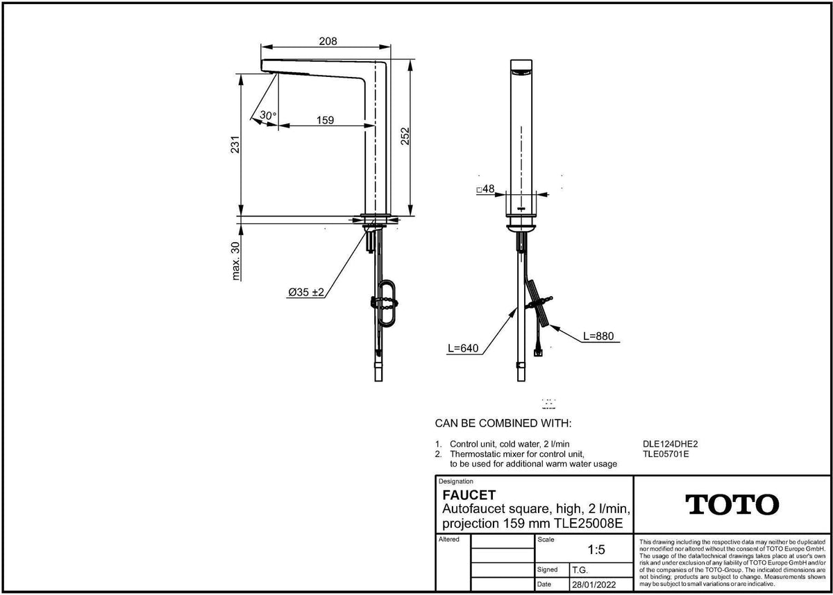 TOTO Automatikarmaturenauslauf eckig 2 l/min, Ausladung 159 mm – berührungslose Waschtischarmatur