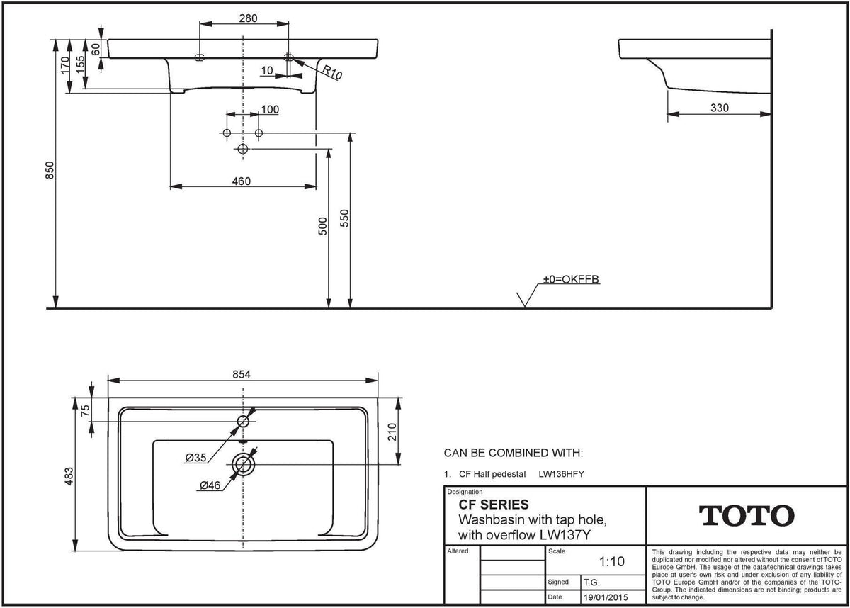TOTO CF Waschtisch weiß 650 mm mit Hahnloch und Überlauf – CeFiONtect Keramik
