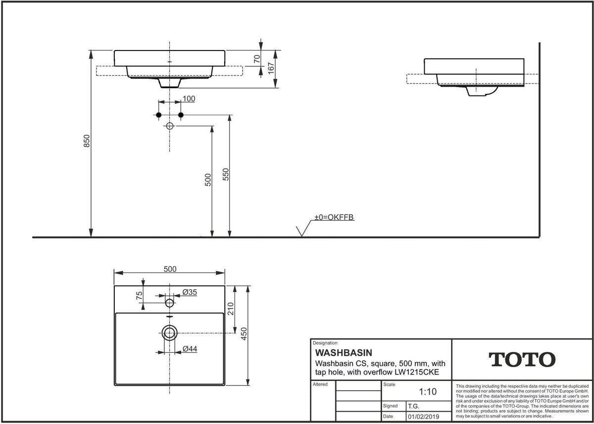 TOTO Waschtisch CS eckig 500 mm mit Hahnloch und Überlauf, CeFiONtect
