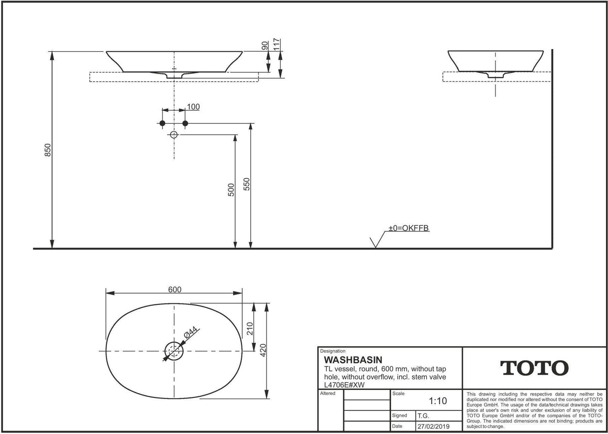 TOTO Aufsatzwaschtisch TL weiß rund 600 mm ohne Überlauf mit CeFiONtect