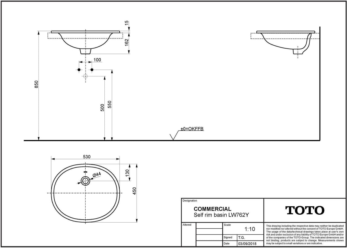 TOTO Einbauwaschtisch weiß 530 mm rund mit Überlauf und CeFiONtect