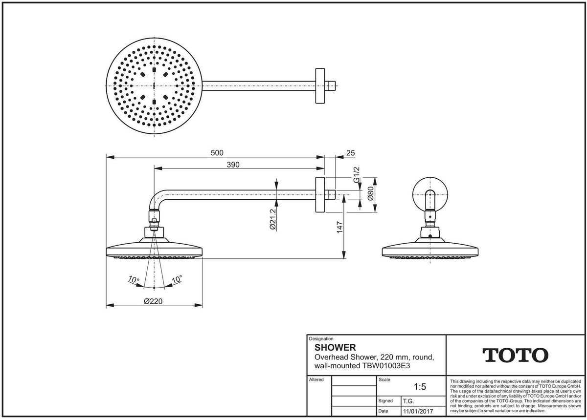 TOTO Kopfbrause rund Comfort Wave weiß/chrom – 220 mm, 2 Strahlarten, Antikalk