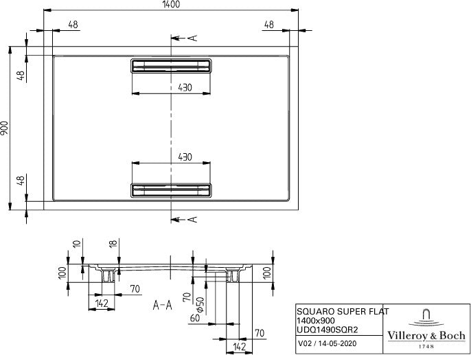 Villeroy & Boch Duschwanne SQUARO SUPER FLAT 1400x900x18 mm stone white aus Quaryl