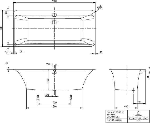 Villeroy & Boch Squaro Edge 12 Whirlpoolsystem Special CombiPool Invisible mit Multiplex Trio, Quaryl, 1800 mm