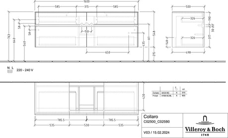 Villeroy & Boch Waschtischunterschrank Collaro C025 B0 1600 mm White Oak mit Beleuchtung