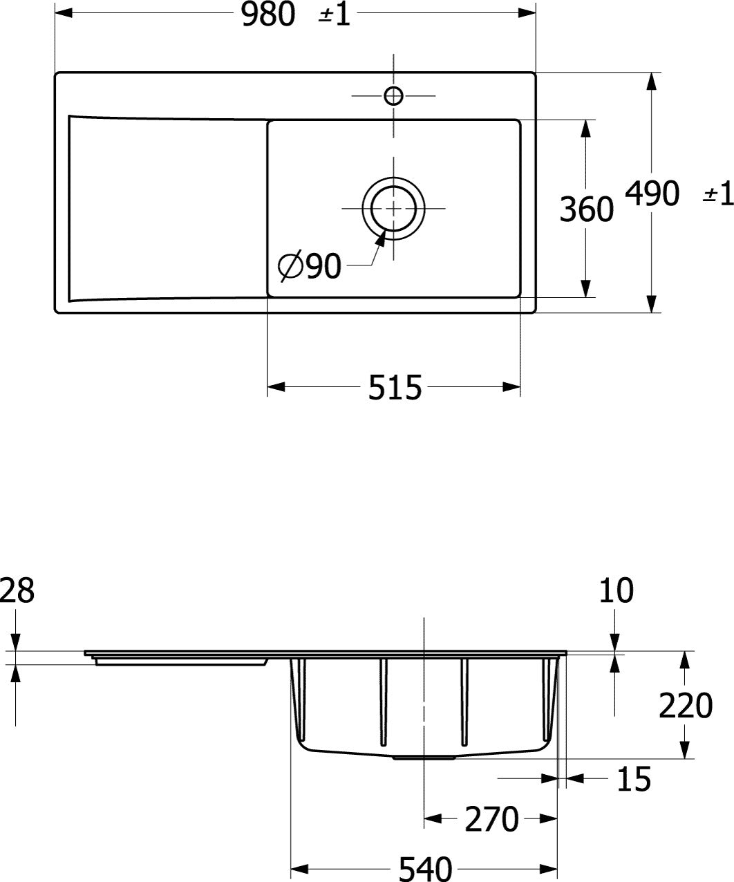 Villeroy & Boch Subway Style 60 Flat Einbauspüle 980x490mm Weiß Alpin CeramicPlus