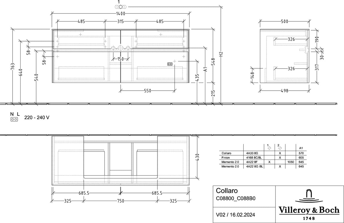 Villeroy & Boch Collaro Waschtischunterschrank 1400 mm mit LED-Beleuchtung und 4 Auszügen in Truffle Grey