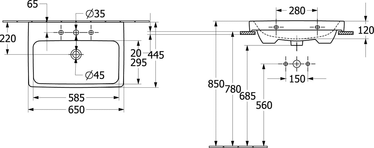 Villeroy & Boch Architectura Wandwaschbecken 650 x 445 mm Weiß Alpin – Rechteck, 1 Hahnloch, mit Überlauf