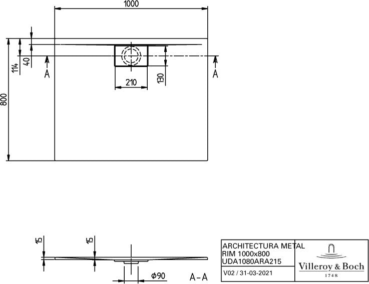 Villeroy & Boch Duschwanne Architectura 1000x800x15mm Rechteck Anthracite – Flacher Einbau, 90mm Ablauf
