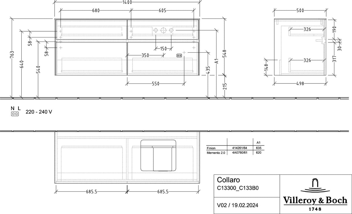 Villeroy & Boch Waschtischunterschrank Collaro C133 Nordic Oak 1400 mm mit SoftClosing und 4 Auszügen