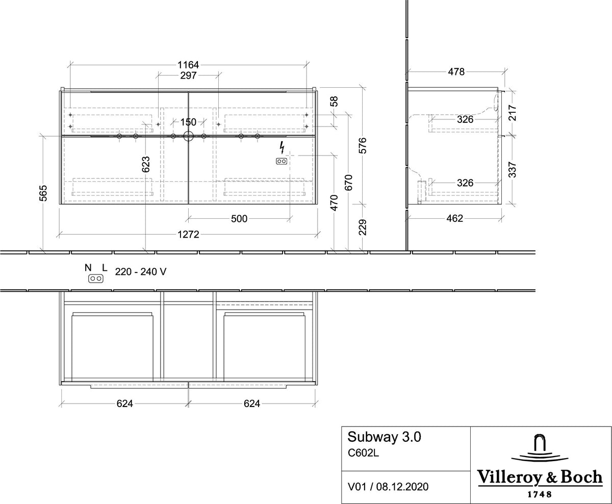 Villeroy & Boch Waschtischunterschrank Subway 3.0 C 602L0, 1272 mm, Brilliant White, mit LED-Beleuchtung