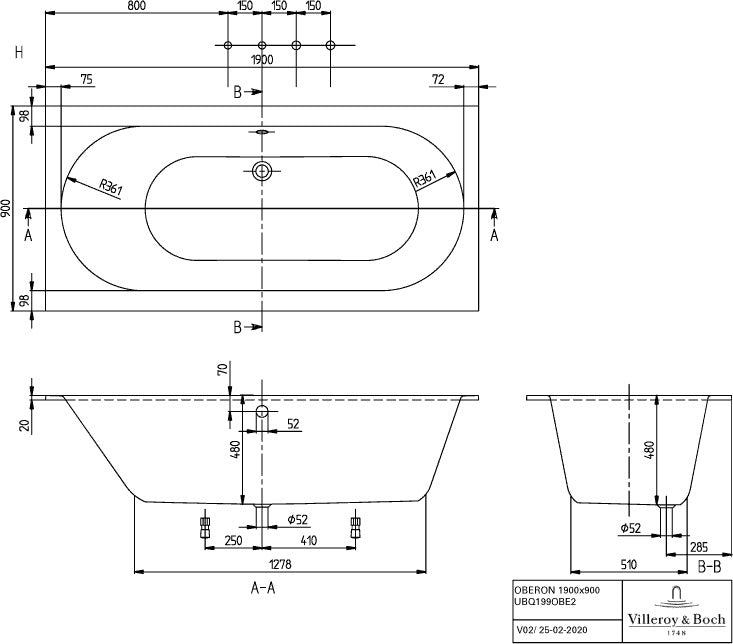 Villeroy & Boch Whirlpoolsystem OBERON Spec Combi Invi TP 1 we – Quaryl, 1900 mm, Special CombiPool Invisible
