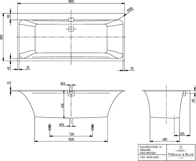 Villeroy & Boch Whirlpoolsystem SQUARO EDGE 12 Spec Combi Invi TP 1 we – Quaryl, 1800 x 800 mm
