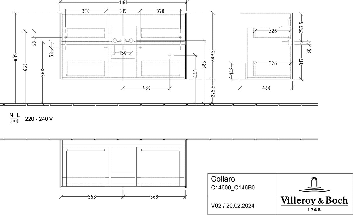 Villeroy & Boch Waschbeckenunterschrank Collaro C146 Glossy White 1161 mm mit 4 Auszügen und SoftClosing