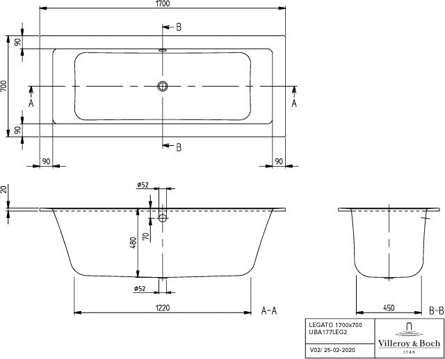 Villeroy & Boch LEGATO Whirlpoolsystem mit HydroPool Comfort, 1700 x 700 mm, stone white