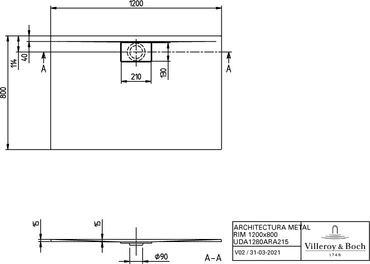 Villeroy & Boch Duschwanne Architectura 1000x800x15mm Rechteck Anthracite – Flacher Einbau, 90mm Ablauf