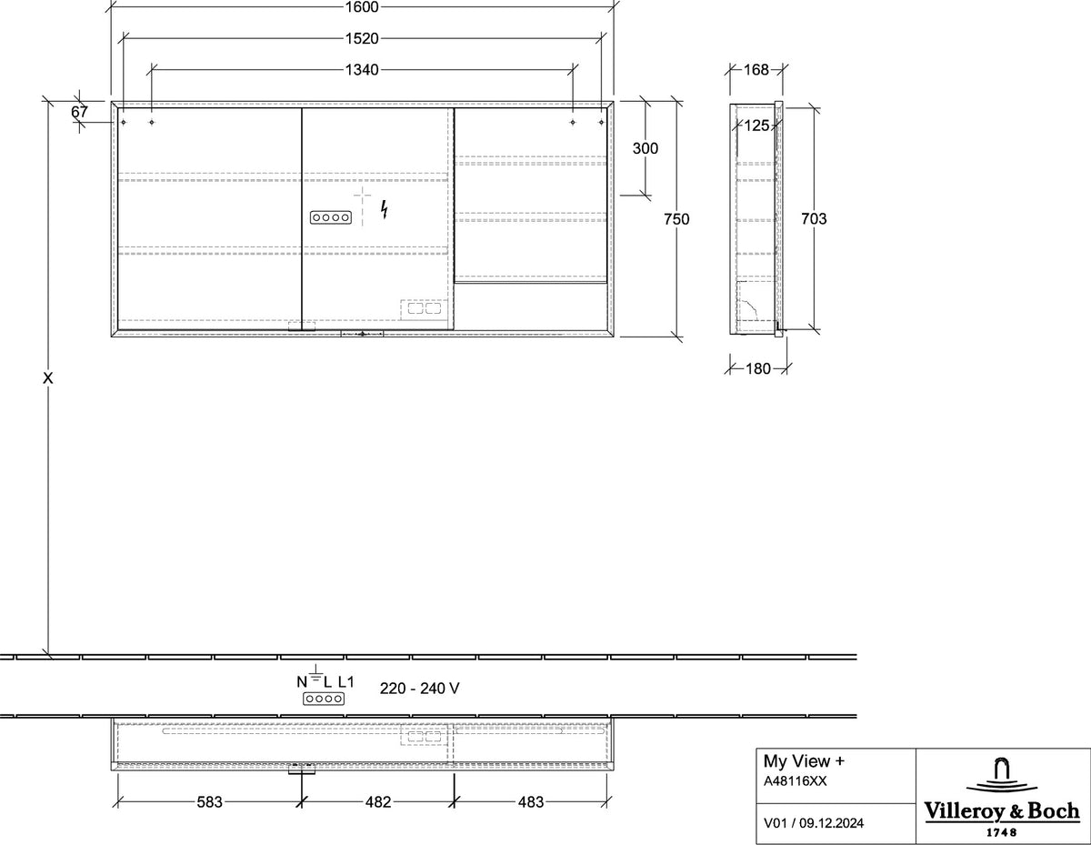 Villeroy & Boch Spiegelschrank My View+ 1600 mm Graphite mit LED-Beleuchtung und SoftClosing