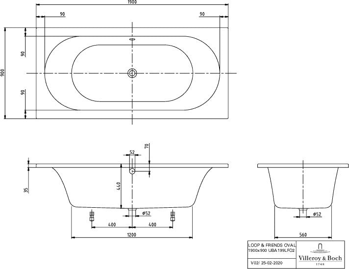 Villeroy & Boch Whirlpoolsystem LOOP & FRIENDS Air Entry TP 1 we – 1900 mm, AirPool Entry, LED