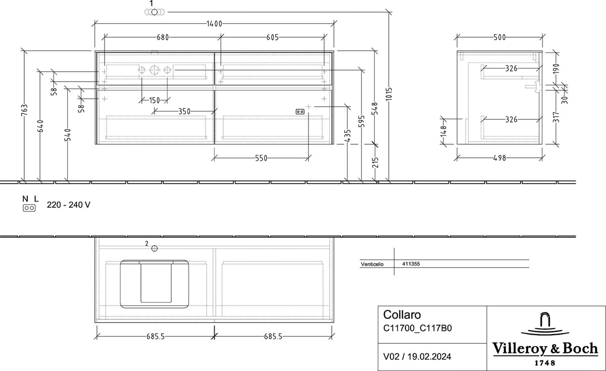 Villeroy & Boch Waschtischunterschrank Collaro C117 B0 White Oak 1400 mm mit Beleuchtung