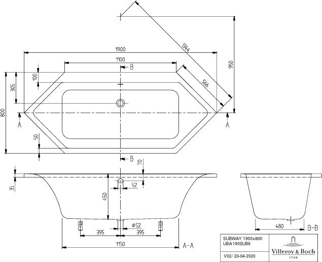 Villeroy & Boch SUBWAY AirPool Entry Whirlpoolsystem – 6-eckig, 1900 mm, mit LED