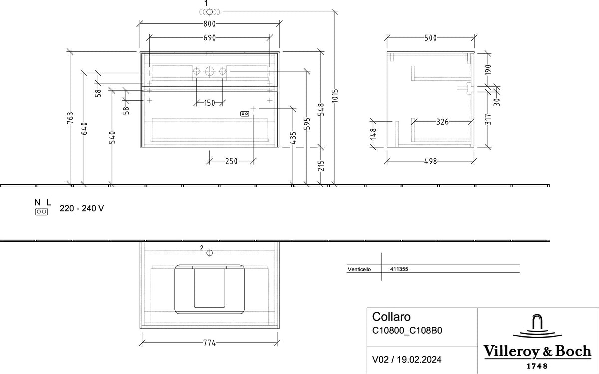 Villeroy & Boch Waschbeckenunterschrank Collaro C108 B0 800 mm Stone Oak mit LED-Beleuchtung